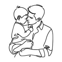 Affectionate father with his little child in continuous line art drawing style. Dad and son bonding. Minimalist black linear sketch isolated on white back. vector