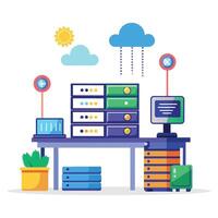 Data center table management flat illustration on white background. vector
