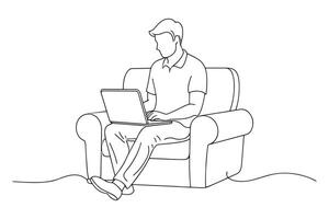 Freelancer male working at home with laptop computer on cozy sofa Continuous line art illustration on white background. vector
