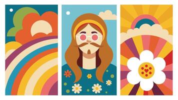 Retro hippie psychedelic character with groovy landscape. Cute crazy flowers rainbows daisy elements. Design template concept set vector