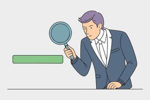 Business man examines through a magnifying glass with search engine button line with illustration on white background. vector