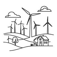 Wind energy in continuous line art drawing style. Landscape with wind turbines producing electricity power line and abstract private home consumer. Black. vector