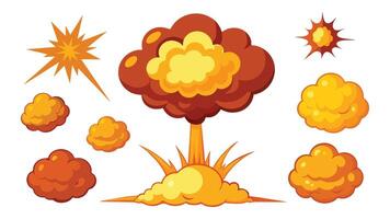 Cartoon explosions. Comic explosive detonation game bomb blast explose animation explode cloud effects crash atomic explosions. set. vector