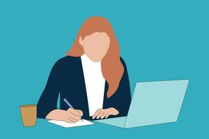 woman sitting at a table with a laptop and a notebook, working diligently, business shape flat illustration vector
