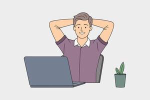young boy or man working on laptop while sitting at his working place in office. Satisfied with work done line with illustration on white background vector