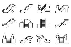 Escalator and stairs up and down editable stroke outline icons set illustration on white background. vector