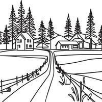 Rural landscape in continuous line art drawing style. Country road going to village house in spruce forest black linear sketch isolated on white backgroun vector