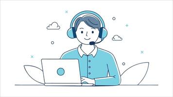 Online technical support team. Call center. Customer service hotline operator with headset. illustration. Doodle simple brush Drawing . vector