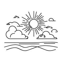 Sun and clouds in the sky. Continuous line art drawing style. Sunny weather minimalist black linear design isolated on white background. illustrati vector