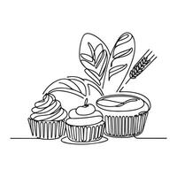 Bakery products in continuous line art drawing style. Black line sketch on white background. illustration. vector