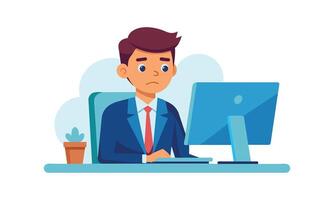 A businessman looks pale while looking at a computer flat illustration on white background. vector