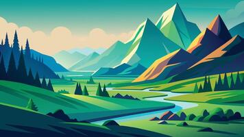 Landscape with green mountains mountainous flat illustration vector