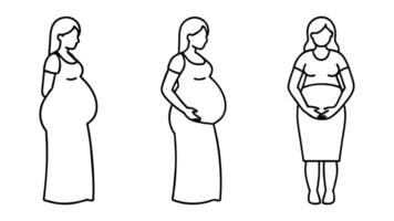 Pregnancy woman stand editable stroke outline icons set isolated on white background flat illustration. vector