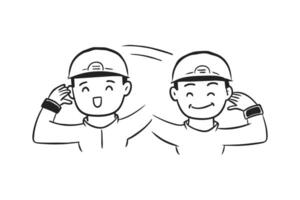 Two men in work clothes wearing a helmet Doodle line art on white background. vector