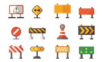 Road block and pedestrian barrier editable stroke outline icons set isolated on white background flat illustration.. vector