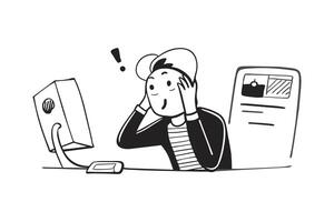 A businessman holding his head while looking at a computer Doodle line art illustration on white background. vector