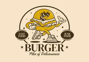 Burger, pile of deliciousness. Retro mascot character illustration of burger in running pose vector