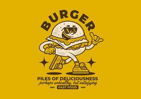 Burger, pile of deliciousness. Retro mascot character illustration of burger in running pose vector