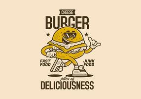 Burger, pile of deliciousness. Retro mascot character illustration of burger in running pose vector