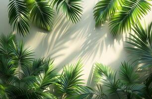 Green palm leaves casting shadows on a light-colored wall, creating a tranquil, tropical scene. photo