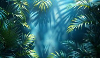Tropical palm leaves casting shadows on a vibrant blue background, creating a serene, exotic ambiance photo