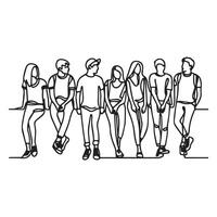 Young people walking together and talking. Group of friends rest and communicate. Continuous line art drawing style. Black linear sketch isolated on white. vector