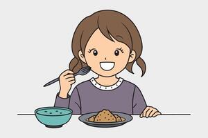 Girl eating a curry rice with a smile line with illustration on white background. vector