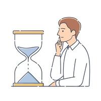 Man looks at the hourglass, thinking, planning and focus in actions flat illustration on white background vector