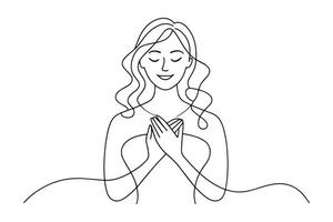 Touched positive woman with pleased expression keeps hands on chest continuous line art illustration. vector