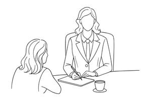 woman in business attire sitting across from an interviewer at a job interview continuous line art vector