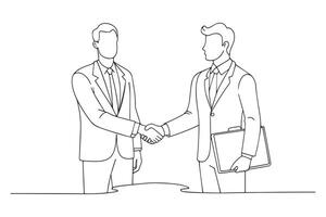 Two business professionals shaking hands over a contract continuous line art illustration vector