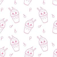 Pattern with contour cartoon Ice cream, fun ice cream and cherry berry on white background. vector