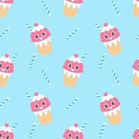 Pattern with cartoon Ice cream, design of summer elements, fun ice cream with berries and cocktail with a straw, on blue pastel background. vector