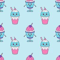 Pattern with cartoon Ice cream with berry, on blue background. vector