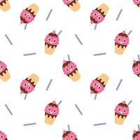 Pattern with cartoon Ice cream with chocolate, design of summer elements, fun ice cream with cocktail straw, on white background. vector