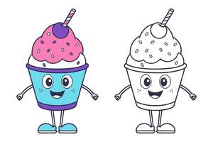 Cartoon Ice cream set icon logo, summer elements design, fun ice cream in paper cup with berry and sprinkles with straw, isolated on white background. vector