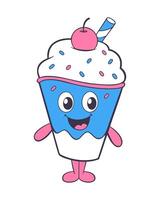 Cartoon Ice cream icon logo, summer elements design, fun ice cream in paper cup with berry and sprinkles with straw, isolated on white background. vector