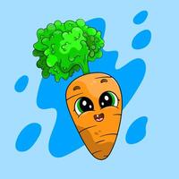Happy adorable cartoon carrot character with blue background shapes. vector