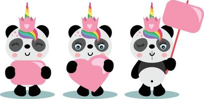 Three cute unicorn pandas holding a pink sign boards and heart vector