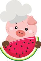 Pig cook holding slice of fresh watermelon vector