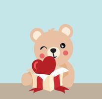Card with cute teddy bear opening surprise heart box vector