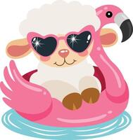 Cool sheep on pink flamingo inflatable pool float vector
