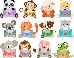 conjunto digital collage de linda animal amor letras vector