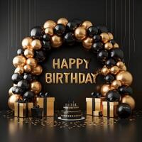Birthday frame with golden and black balloons and confetti, Blank frame on golden balloons and golden confetti with black background photo