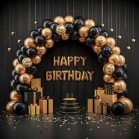 happy birthday party black background with bellon photo