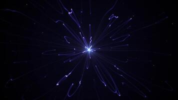 desatado ciclo animação do brilhante energia rebentar com roxa etéreo listras e branco Estrela partículas espalhando em uma Sombrio fundo. abstrato espaço com suave poder fluxo e brilhante claro. 4k 60fps video