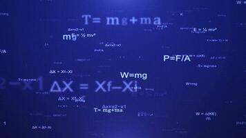 Looped science screensaver with physics formulas randomly emerge and disappear on a shiny blue background. Digital animation for mathematics, logic and artificial intelligence. Seamless loop, 4K 60fps video