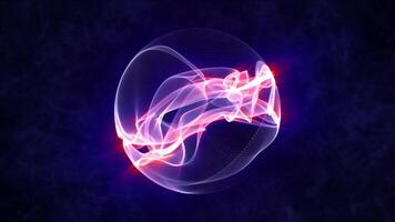 Seamless loop animation with glow plasma sphere made of soft energy waves on a cloud background. Abstract orb screensaver in atom or molecule shape for art, science and computer technologies. 4K 60fps video