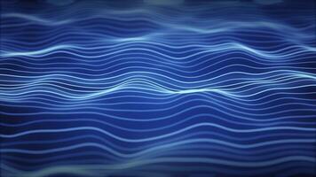 Seamless loop screensaver with striped wave field made of shiny dots and smooth lines with blue glow effect. Elegant background with vibrant stream of floating waveforms. Abstract animation 4k 30fps video