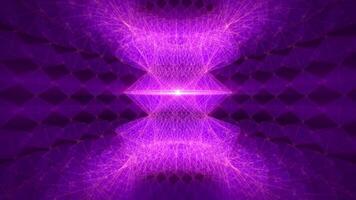 Astral transparent structure made of bright hi-tech lines and shiny polygons with soft pink light. Abstract plexus shape spinning on a dark purple background with glow effect. Seamless loop , 4k 60fps video
